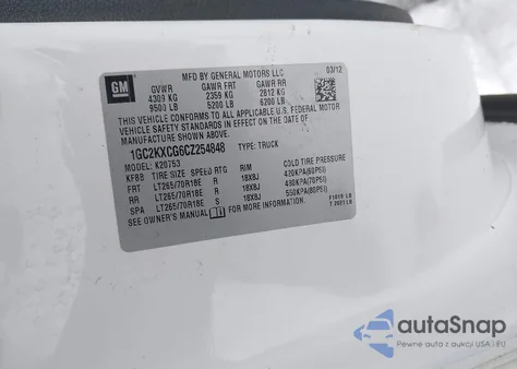 2012 Chevrolet Silverado 2500Hd Lt z USA, uszkodzony, nr VIN 1GC2KXCG6CZ254848